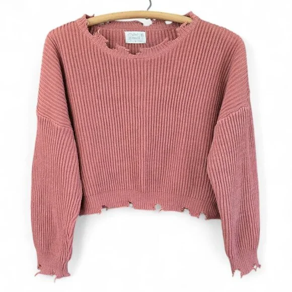 Cropped Distressed Pink Knit Sweater Poof Apparel Ribbed Texture Large - Picture 1 of 8
